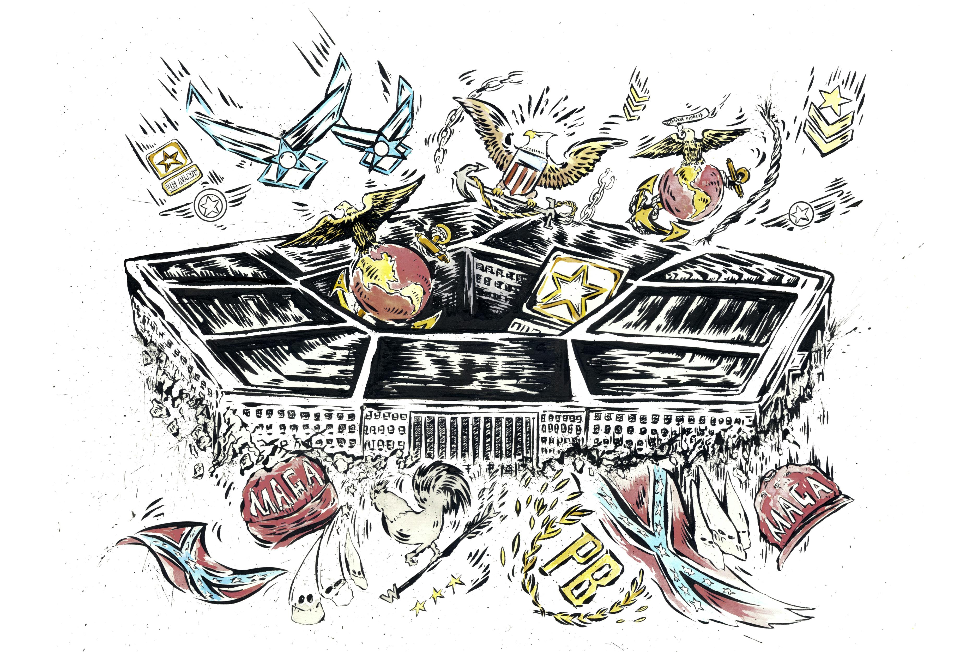 An illustration of far-right, extremist iconography around the Pentagon
