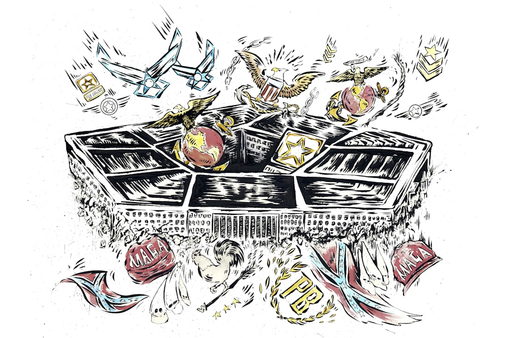 An illustration of far-right, extremist iconography around the Pentagon