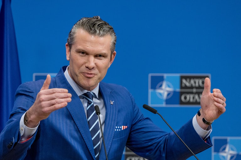 Pete Hegseth speaks at the NATO headquarters