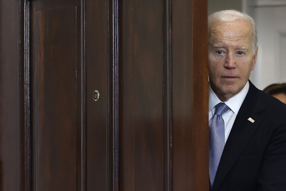 President Joe Biden is shown behind a closing door.