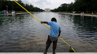 A man in a blue shirt and dark pants uses a long yellow pole to clean the Lincoln Memorial Reflecting Pool, with the memorial building visible in the background.