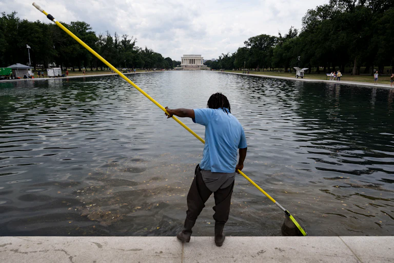 A man in a blue shirt and dark pants uses a long yellow pole to clean the Lincoln Memorial Reflecting Pool, with the memorial building visible in the background.