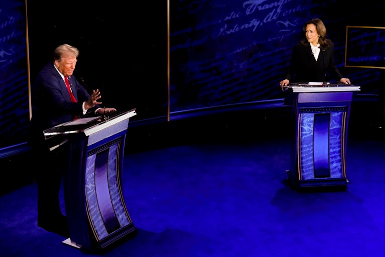 Donald Trump and Kamala Harris stand on the presidential debate stage