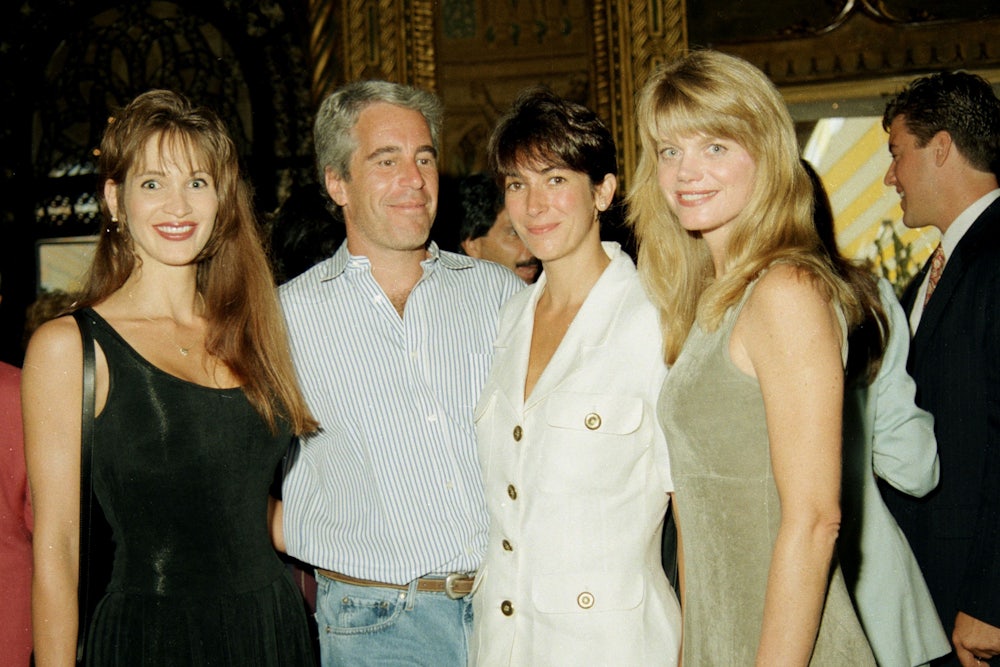 Deborah Blohm, Jeffrey Epstein, Ghislaine Maxwell and Gwendolyn Beck at a party at the Mar-a-Lago club, Palm Beach, Florida, 1995.