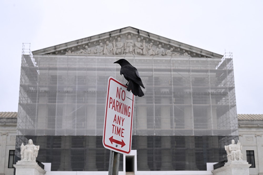 A bird sits atop a street parking sign outside the U.S. Supreme Court in Washington, D.C.