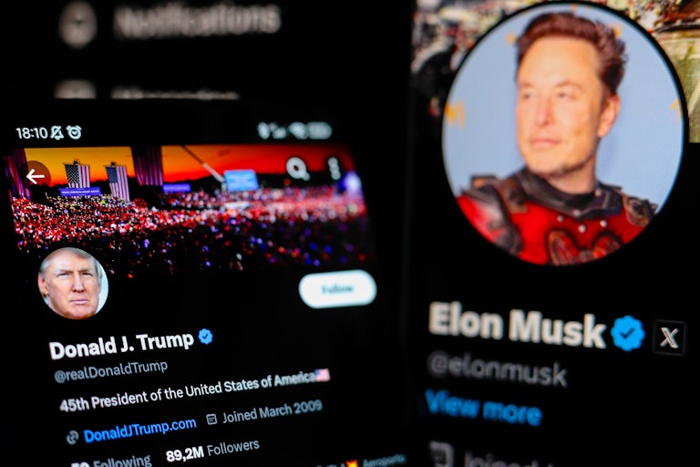 Phone screens display Donald Trump and Elon Musk’s X (formerly Twitter) accounts