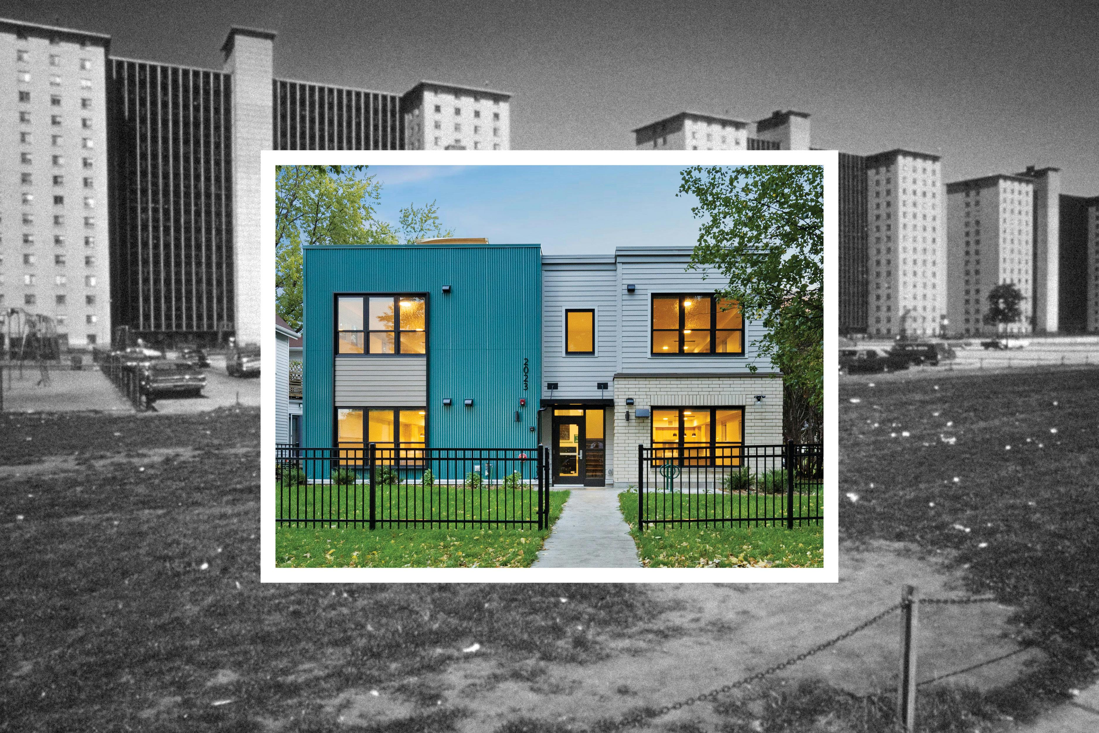 Background: the infamous Robert Taylor Homes in Chicago in 1973; foreground: a modular unit built by the Minneapolis Public Housing Authority in 2023.
