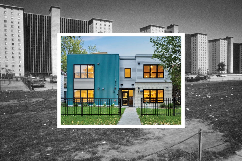 Background: the infamous Robert Taylor Homes in Chicago in 1973; foreground: a modular unit built by the Minneapolis Public Housing Authority in 2023.