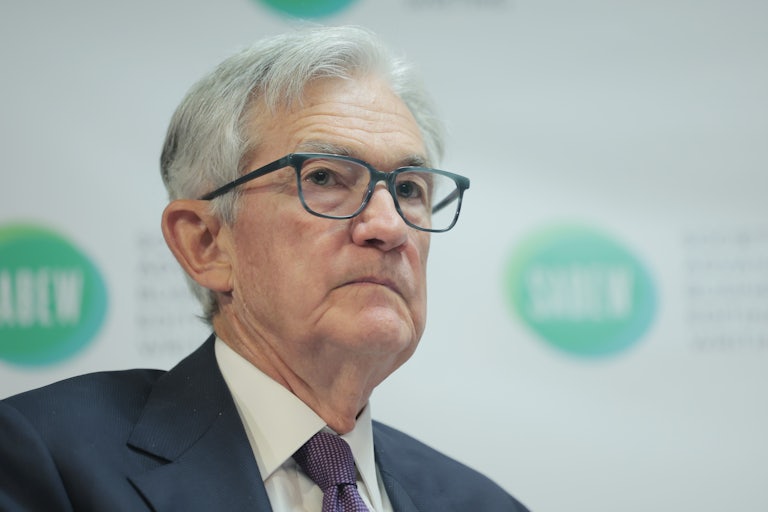 Federal Reserve Chairman Jerome Powell looks forward during an event