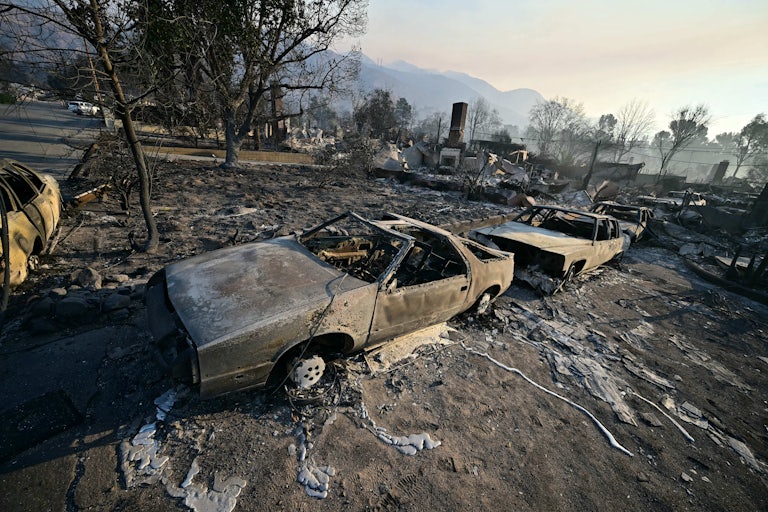 Burned out cars and rubble from the fire in Los Angeles, California