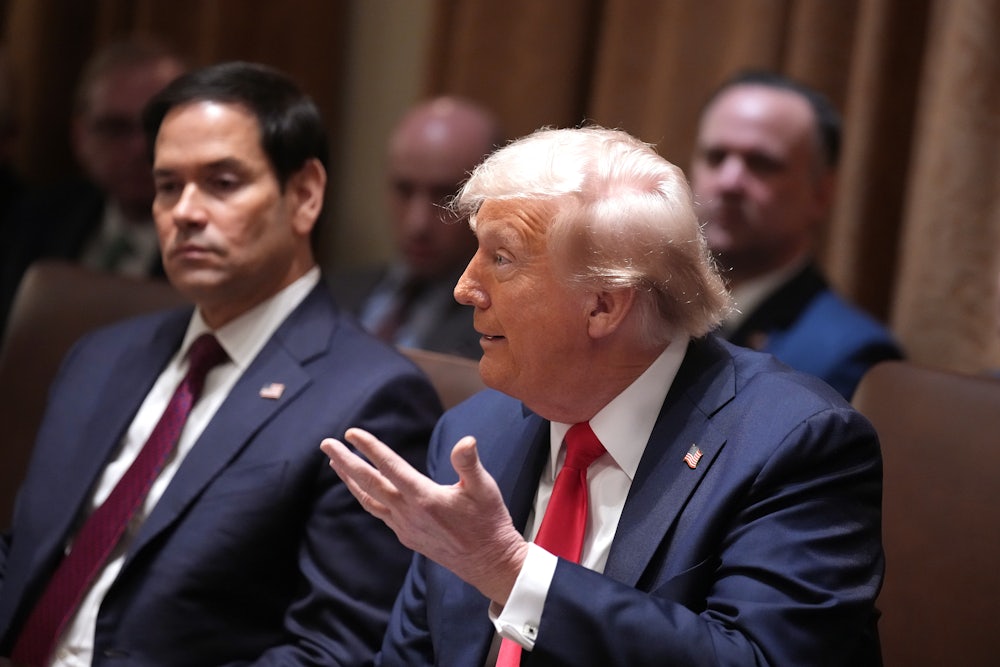 Donad Trump makes an exasperated hand gesture while speaking at his first Cabinet meeting. Marco Rubio in the background stares into space.