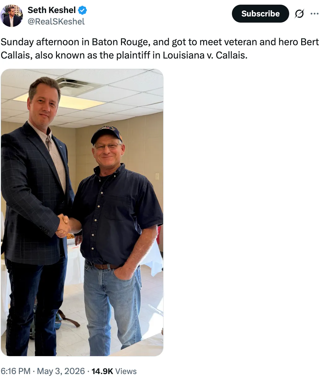 X screenshot Seth Keshel
@RealSKeshel
Sunday afternoon in Baton Rouge, and got to meet veteran and hero Bert Callais, also known as the plaintiff in Louisiana v. Callais.
