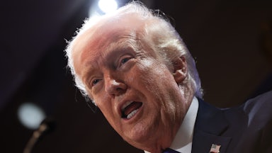 Donald Trump speaks into a microphone