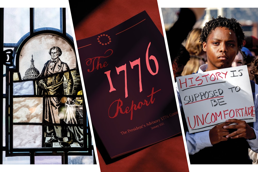 An image of a student demonstrating, defending the full teaching of history. This is interrupted by a photo of the cover of the 1776 Report.
