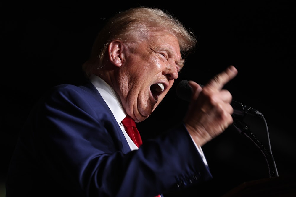 Donald Trump yells and points a finger