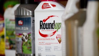 An image shows a bottle of Roundup weed killer on a shelf with other bottles.
