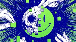 An illustration of a happy face with a skull revealed underneath