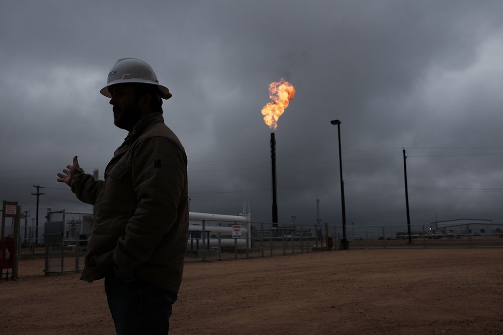 Flared natural gas burns in Garden City, Texas.