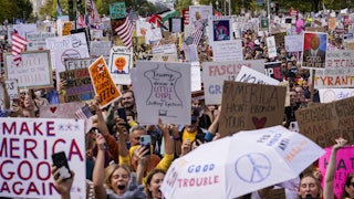Protesters at the No Kings event in D.C. olds signs reading "Make America Good Again," "Good Trouble,""Trump Drew A Little Girl for Jeffrey Epstein, "Tax the Rich," and more. A Palestinian flag waves in the background.