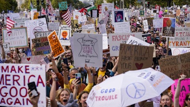 Protesters at the No Kings event in D.C. olds signs reading "Make America Good Again," "Good Trouble,""Trump Drew A Little Girl for Jeffrey Epstein, "Tax the Rich," and more. A Palestinian flag waves in the background.