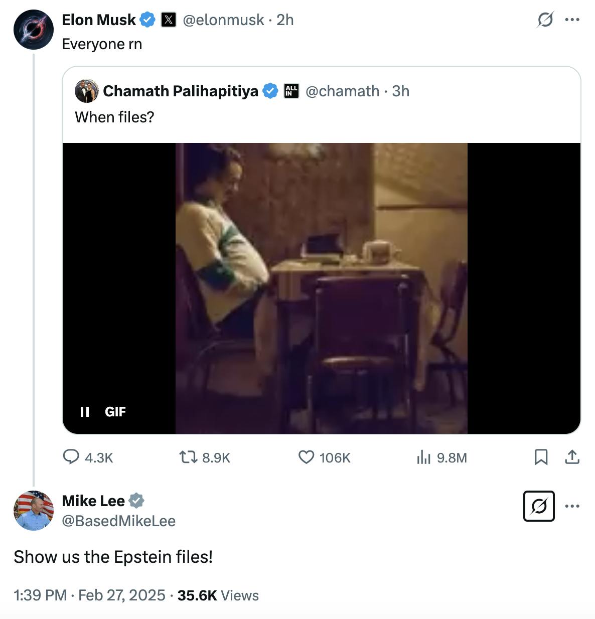 X screenshot Elon Musk reposts a gif of someone sitting at their table looking forlorn with the caption "When files?", with a quote tweet reading: "Everyone rn." Mike Lee responds with, "Show us the Epstein files!"