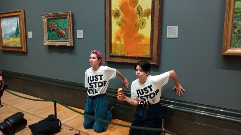 Just Stop Oil protesters throw soup on at Vincent van Gogh’s “Sunflowers.”