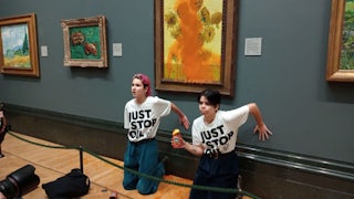 Just Stop Oil protesters throw soup on at Vincent van Gogh’s “Sunflowers.”