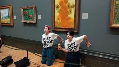 Just Stop Oil protesters throw soup on at Vincent van Gogh’s “Sunflowers.”