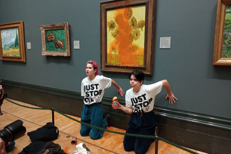 Just Stop Oil protesters throw soup on at Vincent van Gogh’s “Sunflowers.”