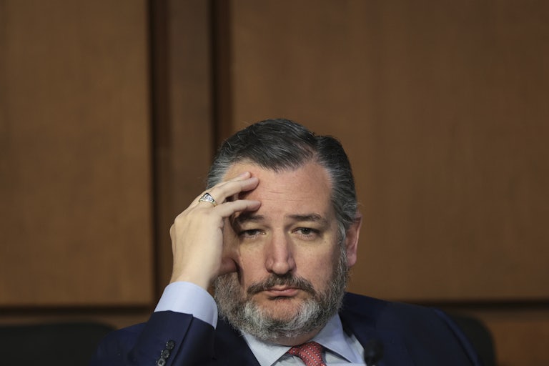 A bearded Ted Cruz holds his head in his hands