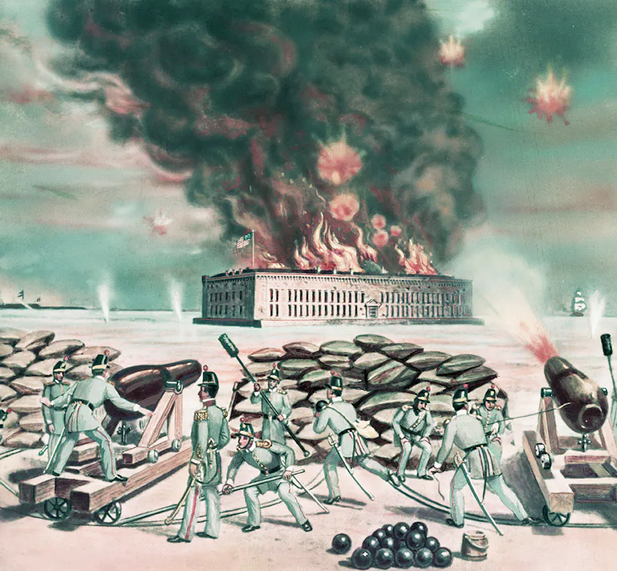  illustration of Confederate soldiers firing cannons at Fort Sumter marking the start of the Civil War,