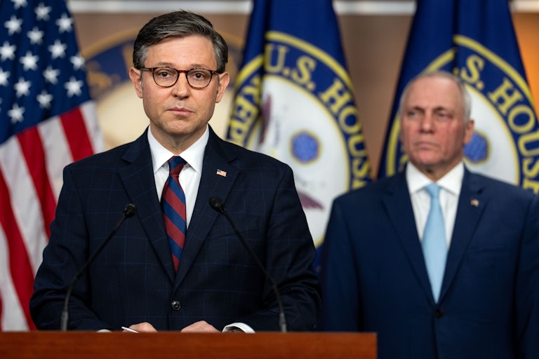 Mike Johnson during a weekly news conference