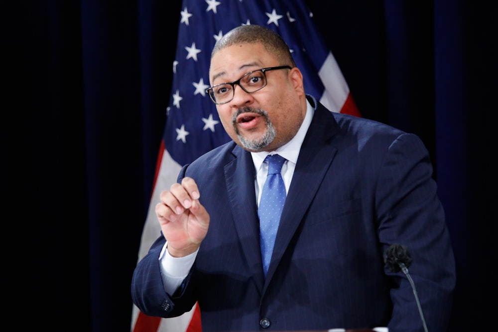 Manhattan District Attorney Alvin Bragg speaks during a press conference following the arraignment of Donald Trump.