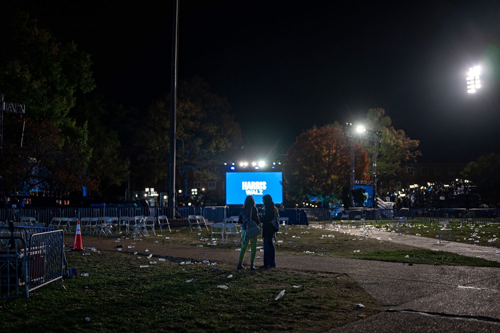Litter dots a lawn after an election-night watch party for Kamala Harris at Howard University in Washington, D.C.