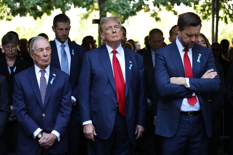 Michael Bloomberg, Donald Trump, and J.D. Vance stand side by side at the 9/11 Commemoration Ceremony