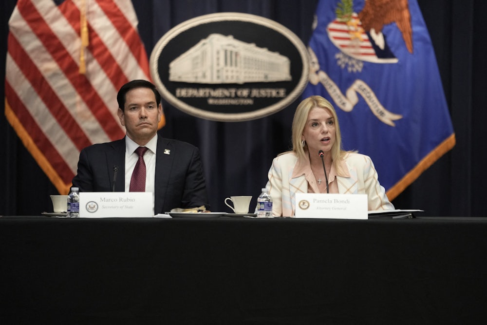 U.S. Attorney General Pam Bondi speaks during a meeting of the “Task Force for Eradicating Anti-Christian Bias” at the Department of Justice headquarters in Washington, D.C.