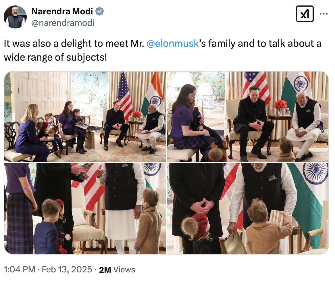 X screenshot Narendra Modi @narendramodi: It was also a delight to meet Mr. @elonmusk ’s family and to talk about a wide range of subjects! (with 4 photos of Narenda Modi, Elon Musk, and Elon’s three young children)