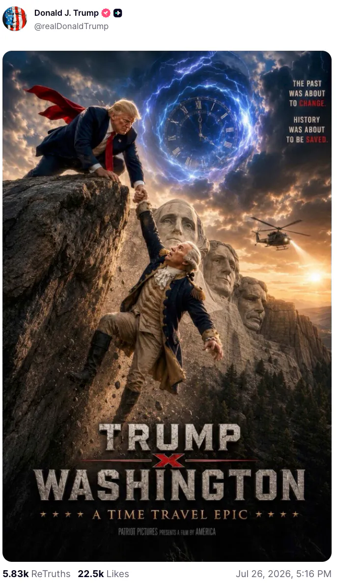 Trump holding George Washington to help him from falling off the ledge (mock movie poster)