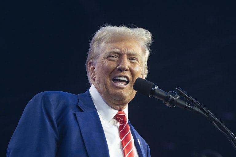 Donald Trump speaks into a microphone