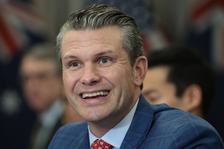 Pete Hegseth speaks during a bilateral meeting with Australian officials