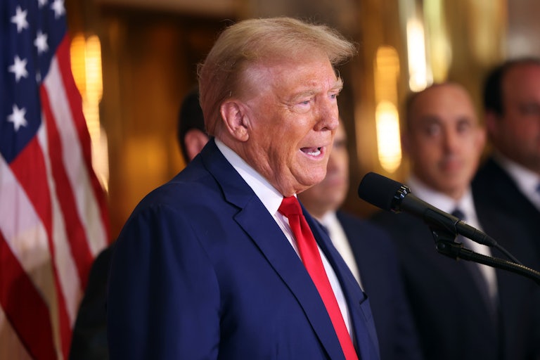 Donald Trump speaks into a microphone during a press conference