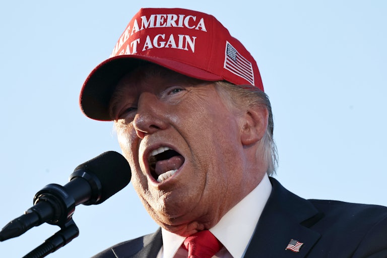 Donald Trump speaks into a microphone
