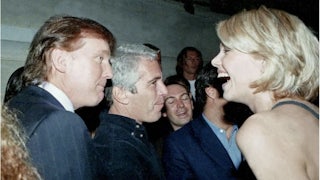 Donald Trump and Jeffrey Epstein look over at a young blonde woman who is laughing while looking back.