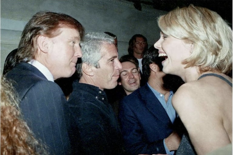 Donald Trump and Jeffrey Epstein look over at a young blonde woman who is laughing while looking back.