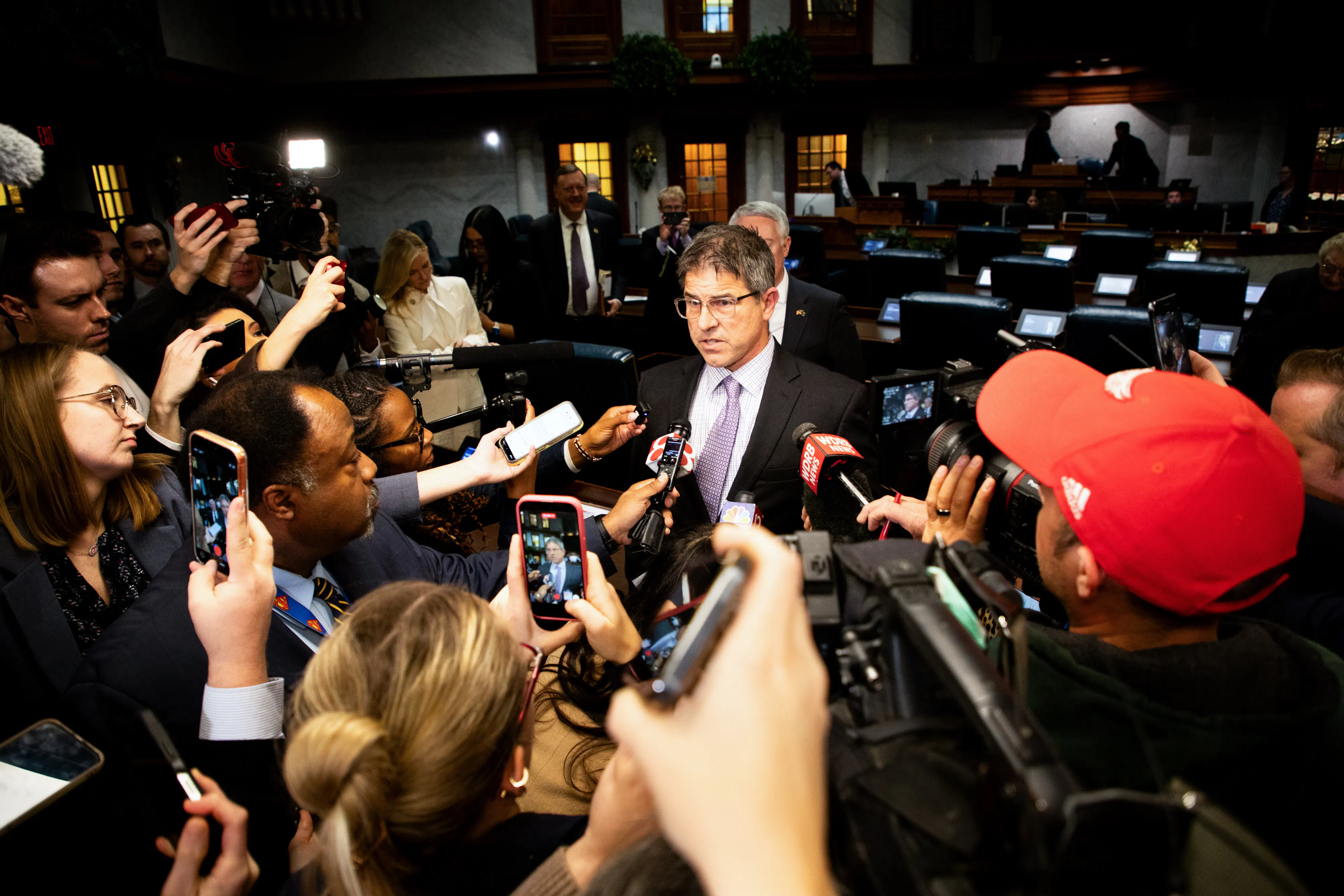 Indiana state Senator Rodric Bray, speaks to the media in the Indiana Statehouse.