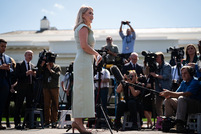 Press Secretary Karoline Leavitt speaks to reporters outside the White House