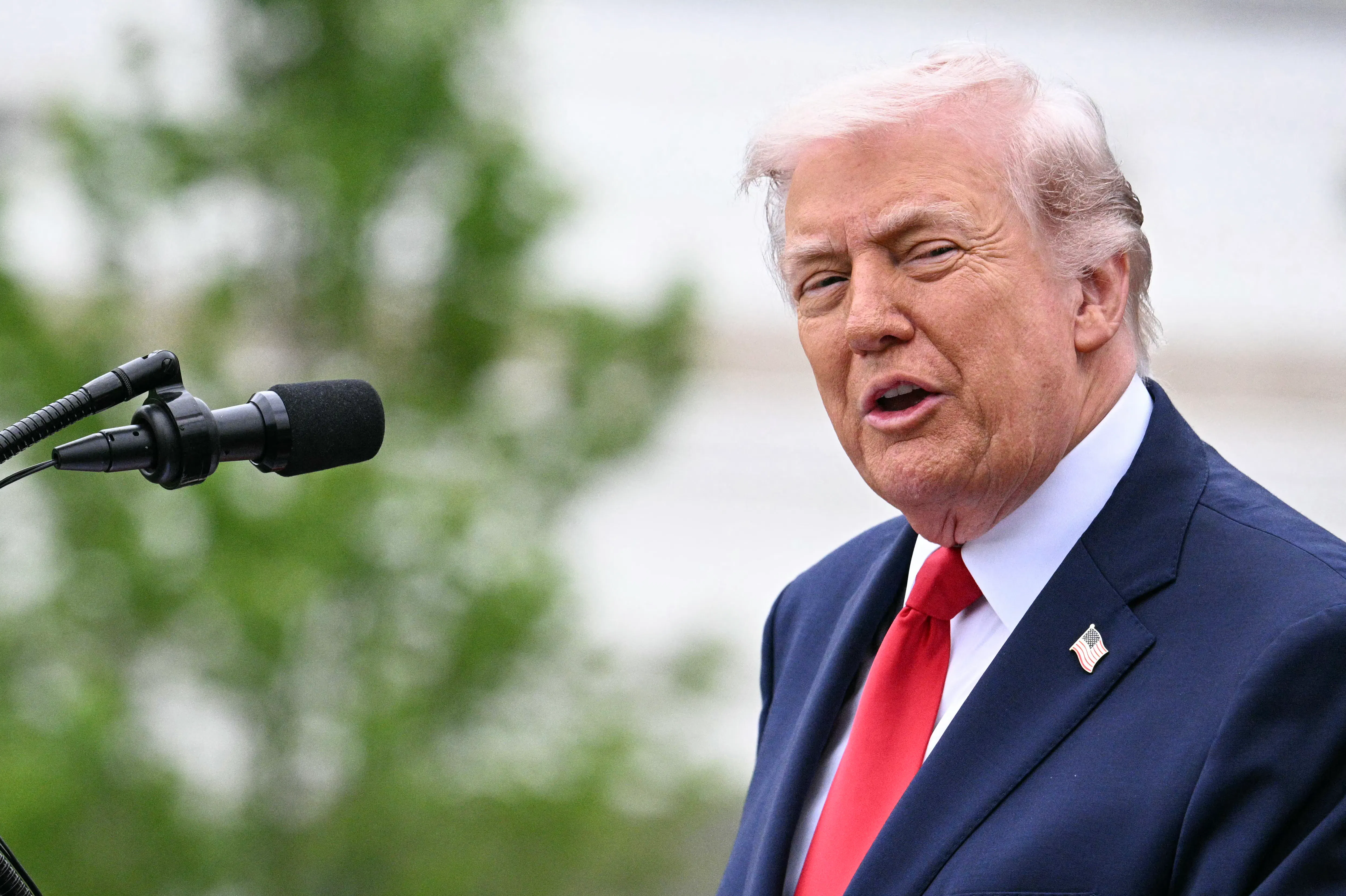 President Donald Trump speaking at a microphone