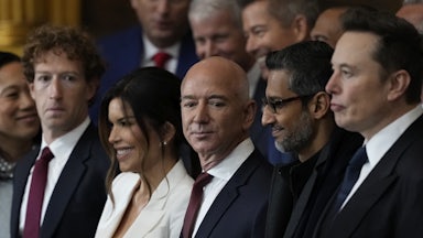 Jeff Bezos attends Donald Trump’s inauguration, alongside his now wife Lauren Sanchez, Mark Zuckerberg, Sundar Pichai, Elon Musk, and others.