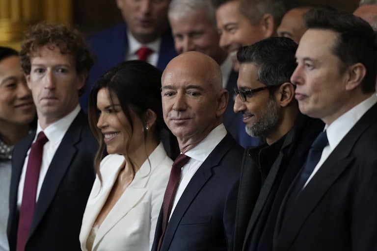 Jeff Bezos attends Donald Trump’s inauguration, alongside his now wife Lauren Sanchez, Mark Zuckerberg, Sundar Pichai, Elon Musk, and others.