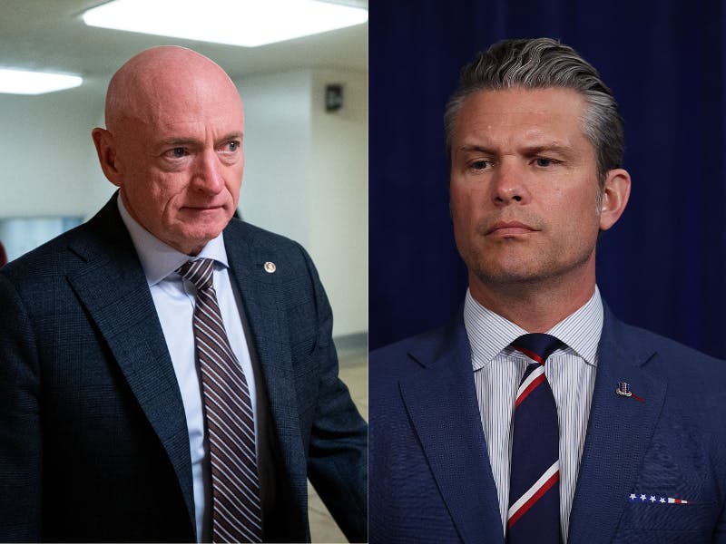 splitscreen of Senator Mark Kelly and Defense Secretary Pete Hegseth